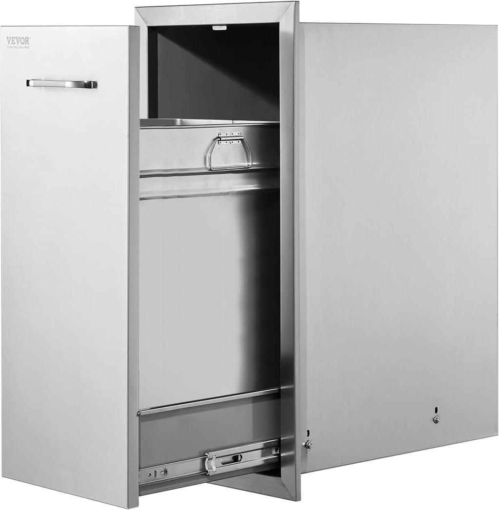VEVOR Pull-Out Trash Drawer 13.4'W x 25.7'H x 19.6'D Lower Sliding Rails Steel Roll-Out Trash Bin Pull-Out Tray Outdoor Handled Kitchen Trash Drawer for BBQ Island Grill Station Trash Can NOT Included