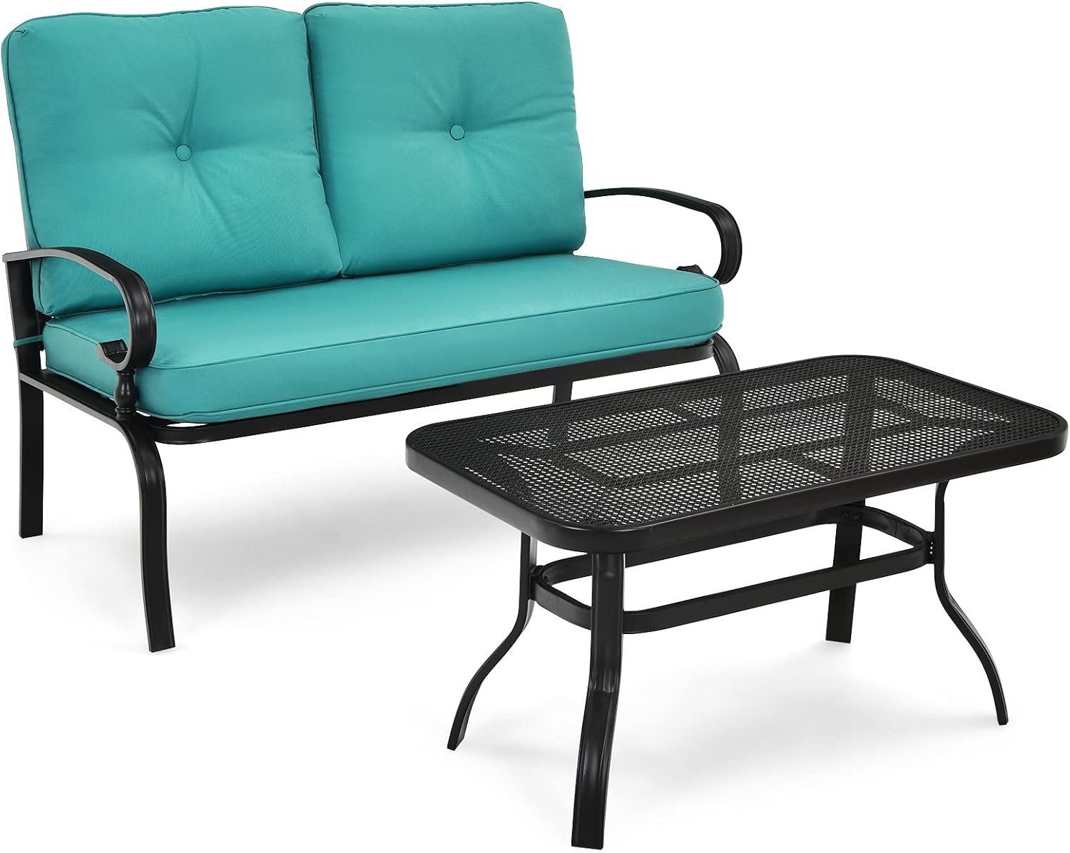 Giantex Patio Loveseat with Coffee Table Outdoor Bench with Cushion and Metal Frame, Loveseat Porch Furniture Set Sofa for Garden, Yard, Patio or Poolside