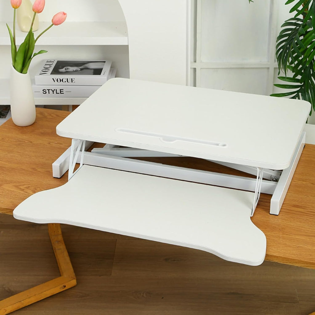 32' Height Adjustable Standing Desk Sit To Stand Converter with Wide Keyboard Tray for Home Office, Stand Up Desk Dual Monitor Riser Workstation with Spacious Tabletop for Laptops/Small Space (White)