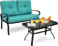 Giantex Patio Loveseat with Coffee Table Outdoor Bench with Cushion and Metal Frame, Loveseat Porch Furniture Set Sofa for Garden, Yard, Patio or Poolside