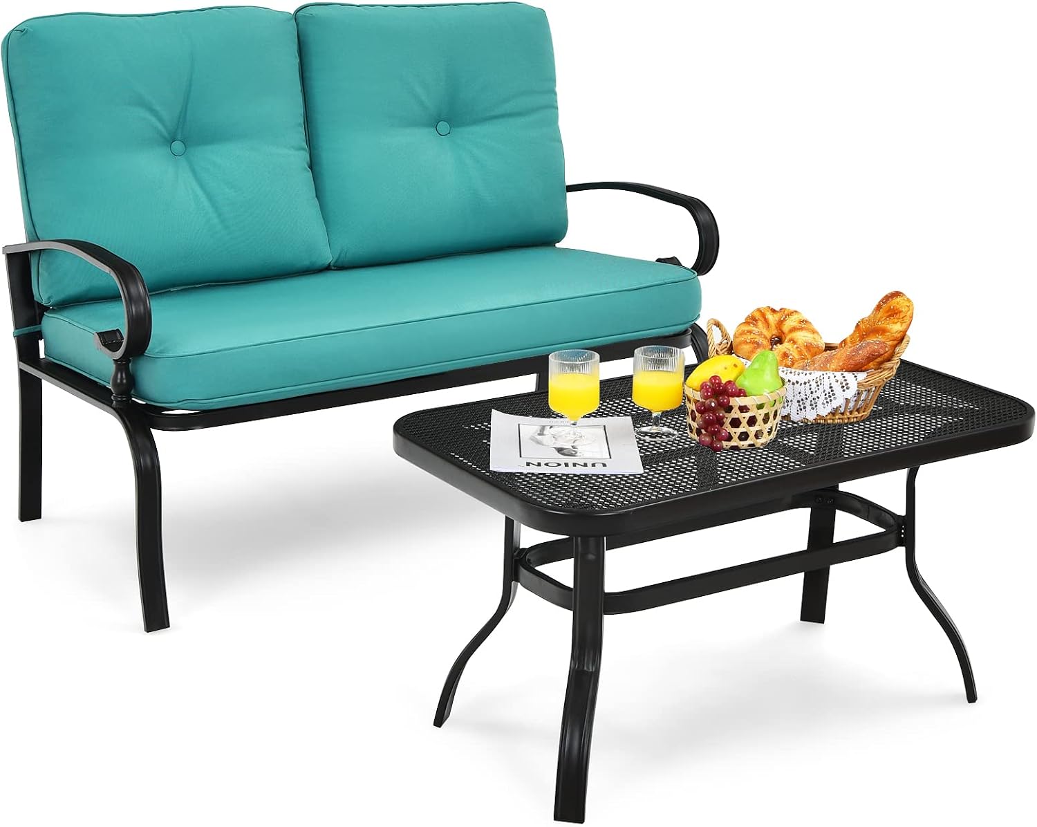 Giantex Patio Loveseat with Coffee Table Outdoor Bench with Cushion and Metal Frame, Loveseat Porch Furniture Set Sofa for Garden, Yard, Patio or Poolside