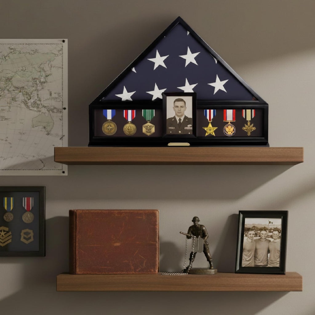 Bey-Berk Personalized American Burial Flag Display Case (Black), Solid Wood Military Shadow Box with Medal Display, 4' x 6' Photo Frame and Glass Front, Fits 5' x 9.5' Veteran Flag