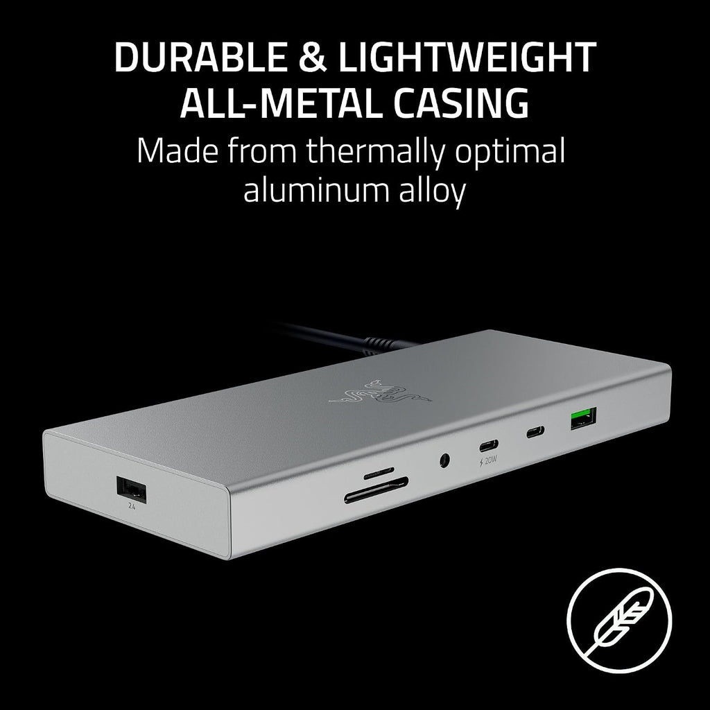 Razer USB 4 Dock: 14 Ports (Type C, Type A, HDMI, DP, Ethernet, SD, 3.5mm) - Dual Monitor Up to 4K 120 Hz - Laptop & Phone Fast Charge - Durable Lightweight Casing - Windows & Mac Compatible - Mercury
