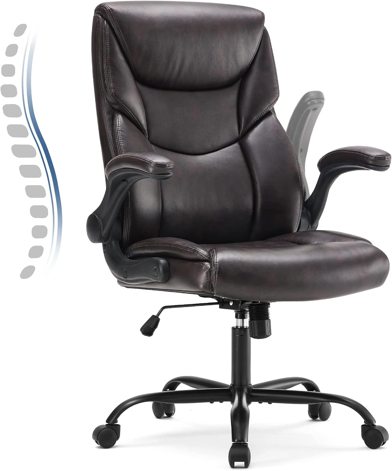 DUMOS Office Chair Set of 2 - Ergonomic Executive Computer Desk Chairs with Adjustable Flip-up Armrest, Swivel Task Chair with Lumbar Support, Strong Metal Base, PU Leather, Brown