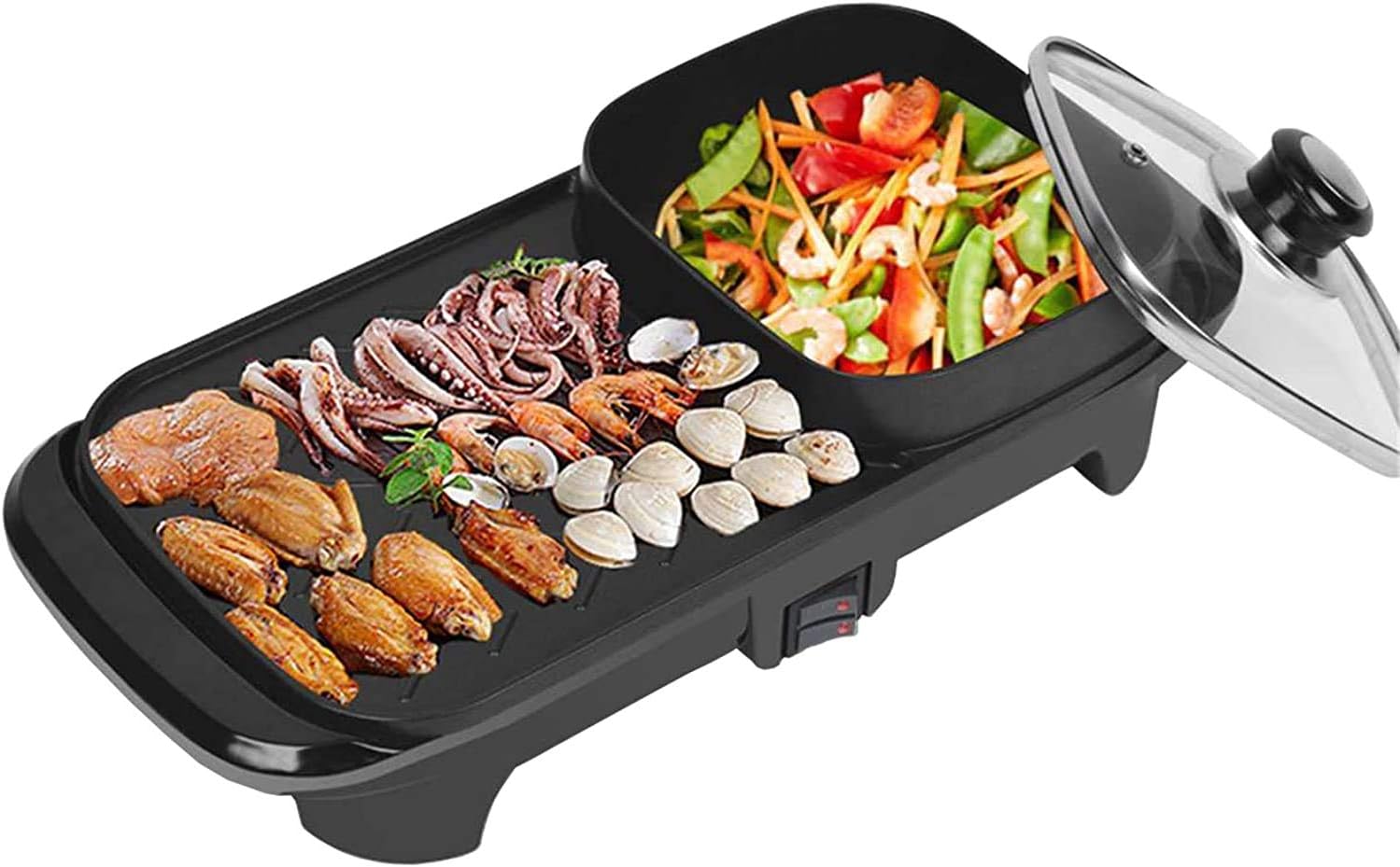 Raclette Electric Griddles 2In1 Electric Grill & Hot Pot Non-Stick Indoor Baking Flat Pan Hotpot Smokeless Grill BBQ Flat Griddle 1100W