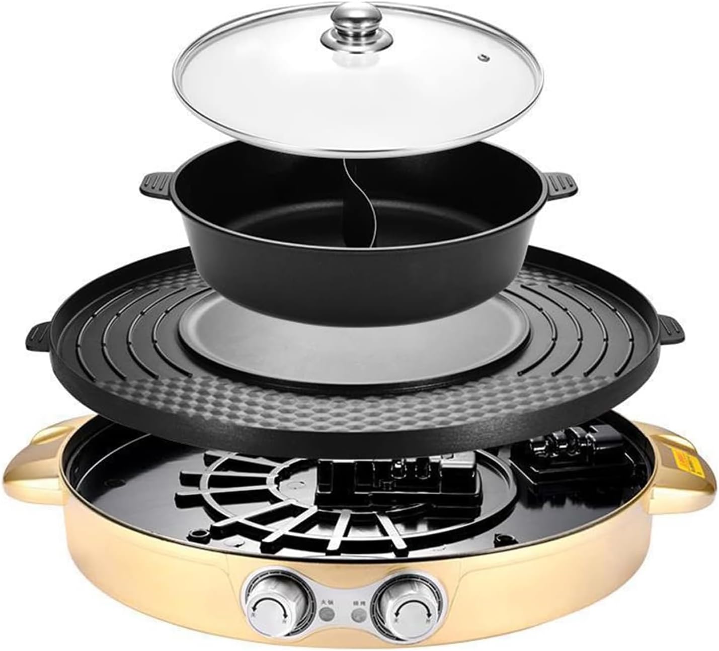 2 In 1 Electric Grill Pan Hot Pot, Multifunctional Removable Hotpot Indoor BBQ Pot with Separate Dual Temperature Contral Stepless Adjustment Knob, Smokeless BBQ Teppanyaki Grill