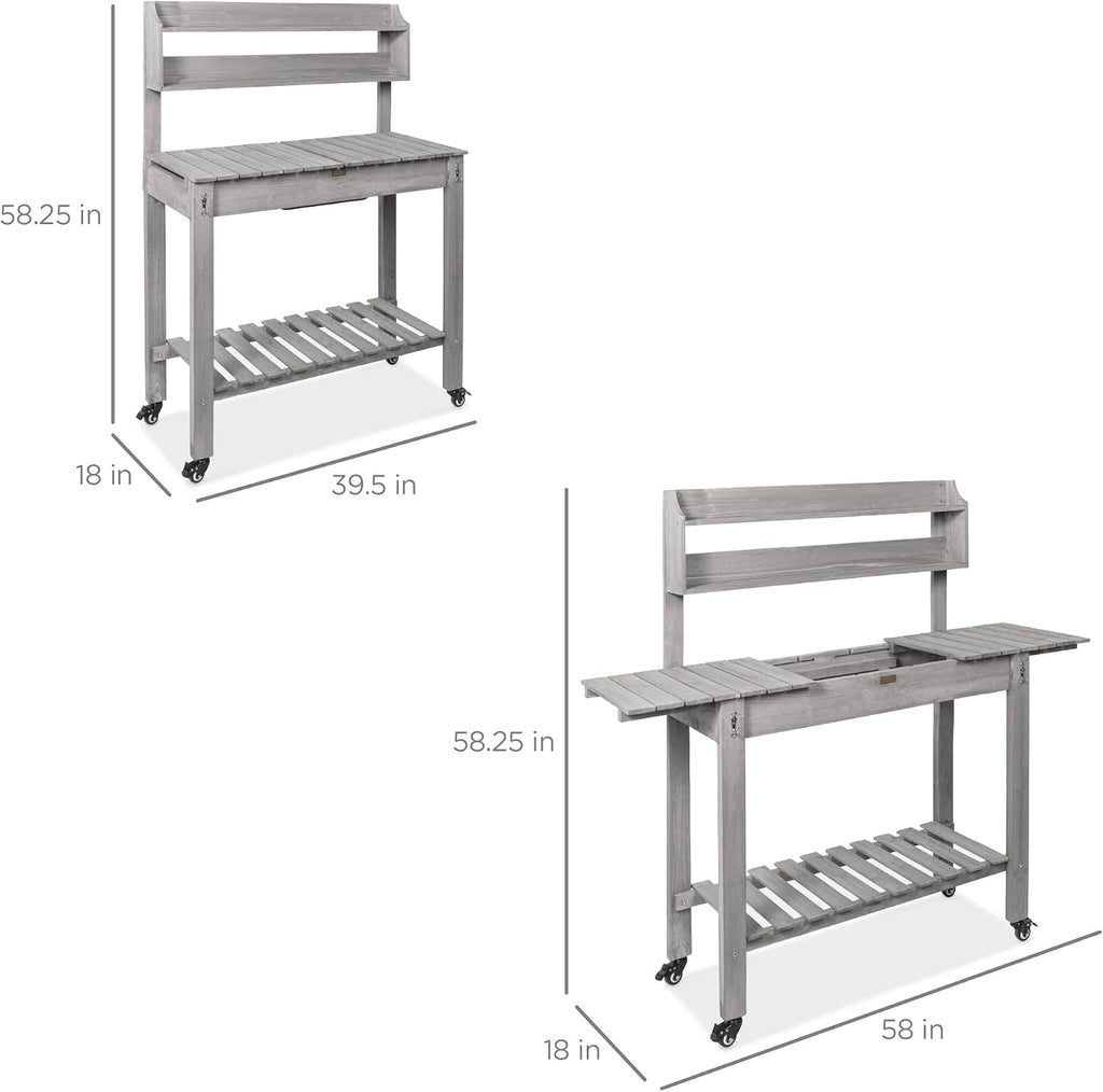 Best Choice Products Mobile Garden Potting Bench, Outdoor Wood Workstation Table w/Sliding Tabletop, 4 Locking Wheels, Food Grade Dry Sink, Storage Shelves - Gray
