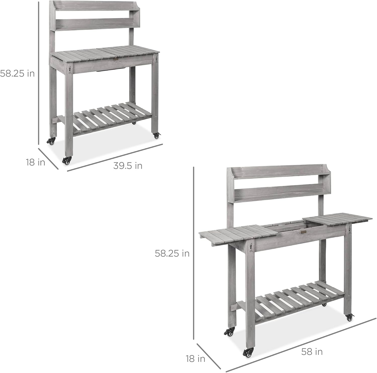 Best Choice Products Mobile Garden Potting Bench, Outdoor Wood Workstation Table w/Sliding Tabletop, 4 Locking Wheels, Food Grade Dry Sink, Storage Shelves - Gray
