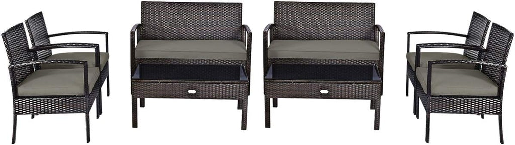 Tangkula 8-PCS Wicker Patio Conversation Furniture Set, Outdoor Rattan Chair and Table Set, Patio Furniture Sets with Coffee Table & Washable Cushions for Courtyard Balcony Garden (2, Brown)