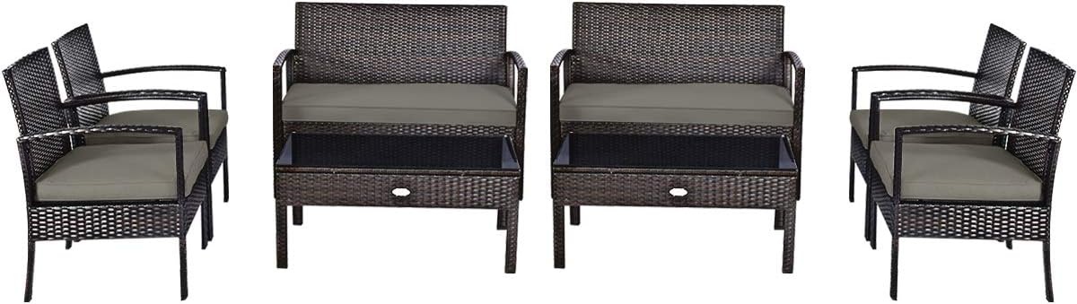 Tangkula 8-PCS Wicker Patio Conversation Furniture Set, Outdoor Rattan Chair and Table Set, Patio Furniture Sets with Coffee Table & Washable Cushions for Courtyard Balcony Garden (2, Brown)