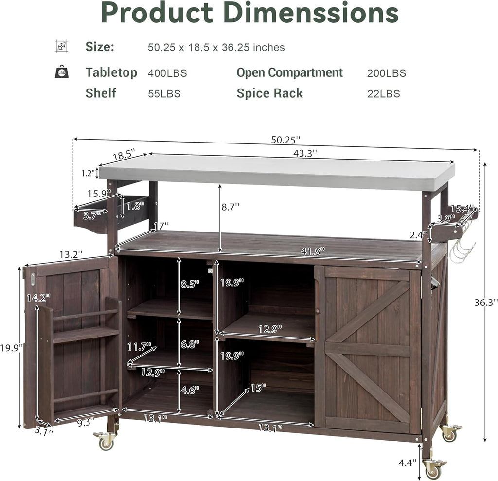 50.25' W Grill Cart with Stainless Steel Tabletop - Outdoor Storage Cabinet for BBQ, Bar Patio Kitchen Island with Ample Storage and Lockable Wheels