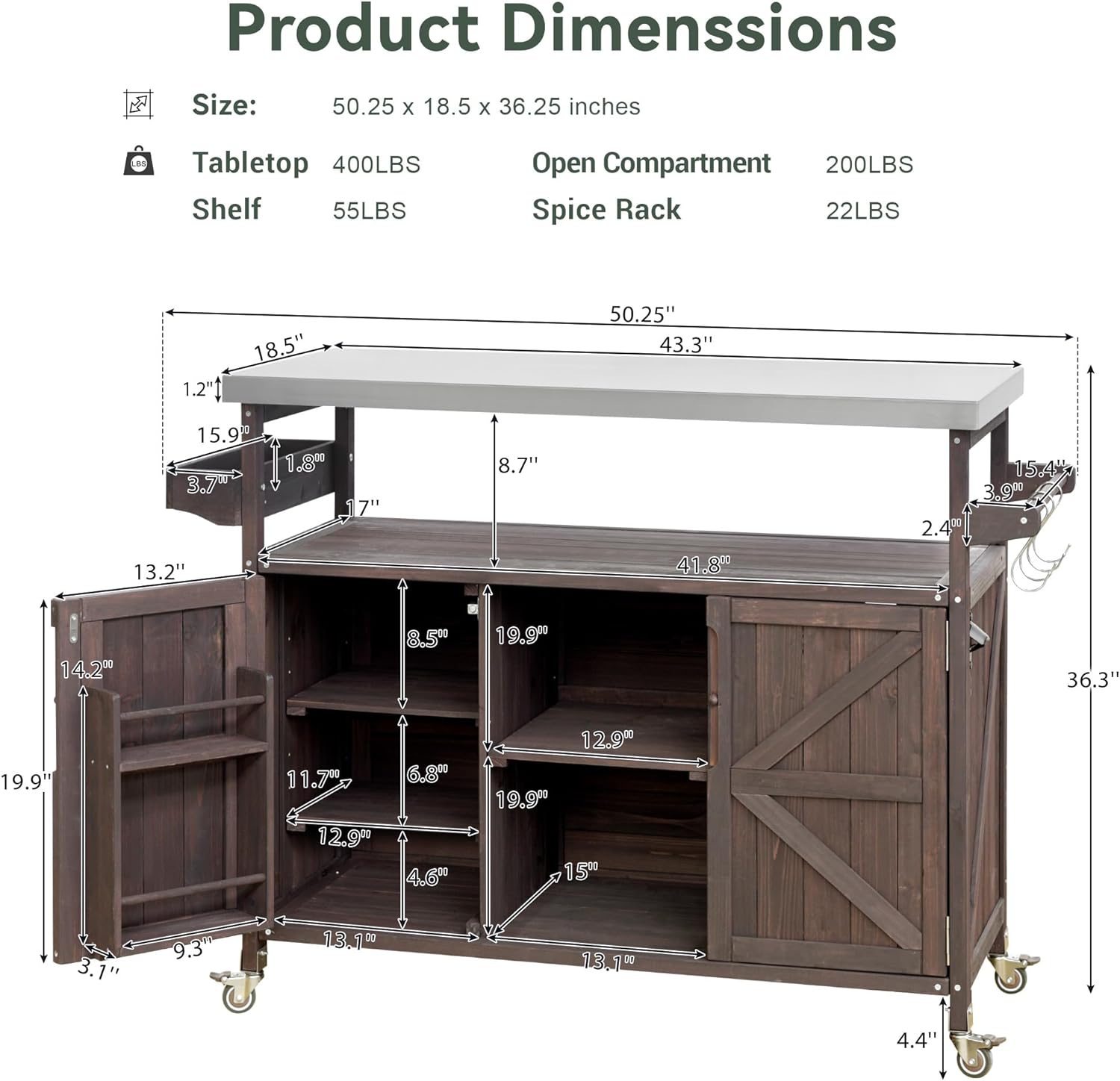 50.25' W Grill Cart with Stainless Steel Tabletop - Outdoor Storage Cabinet for BBQ, Bar Patio Kitchen Island with Ample Storage and Lockable Wheels