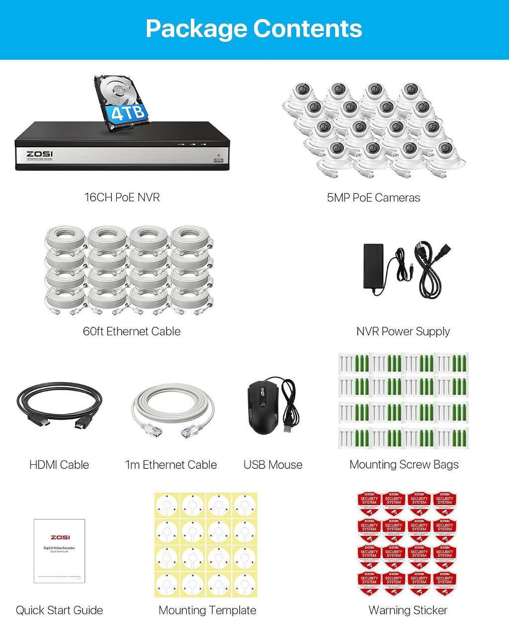 ZOSI 16Channel 4K POE Security Camera System, 16 x 5MP CCTV Metal Dome Camera Outdoor Indoor, 80FT Night Vision, Motion Alert, H.265+ 8MP 16CH NVR with 4TB HDD for Home Business 24/7 Recording