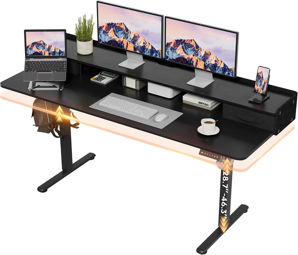 Furmax Electric Standing Desk with Drawers, Stand Up Desk with Storage Shelf Height Adjustable Computer Desk with Organizer for Home Office Ergonomic(Black, 63 Inch)