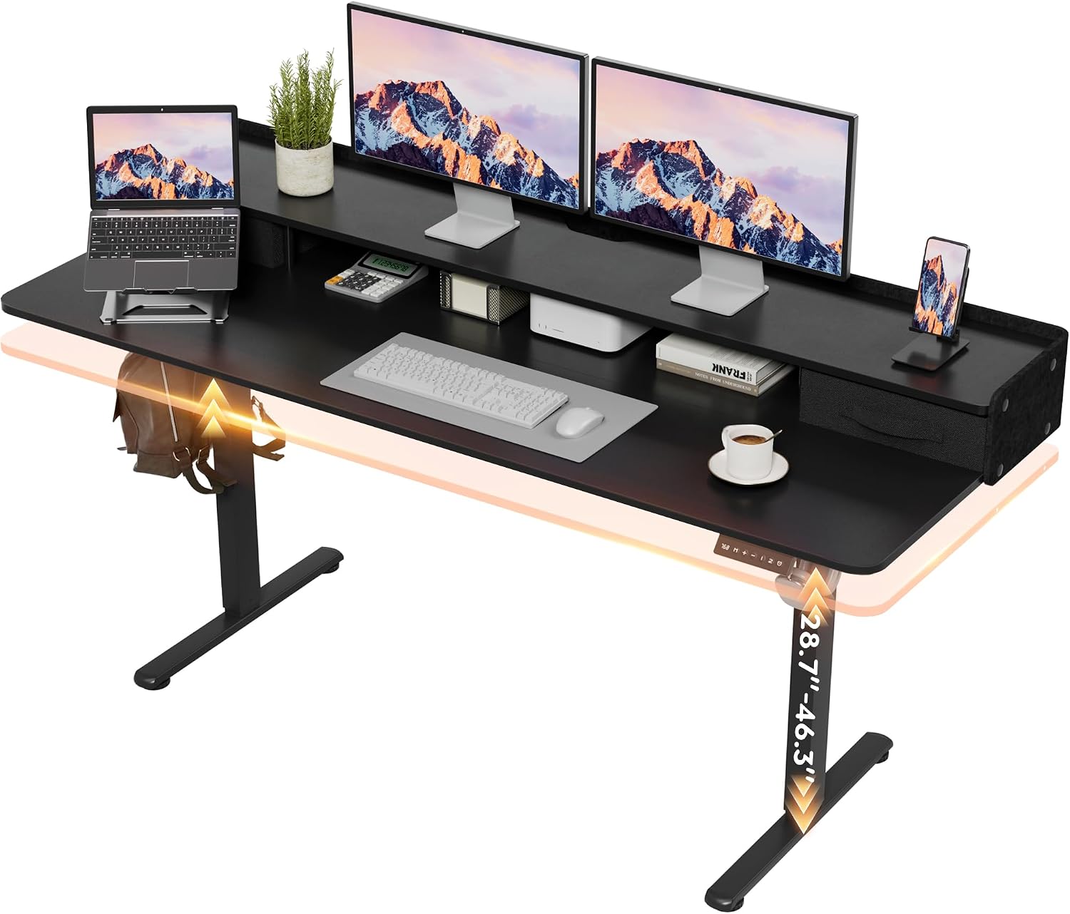 Furmax Electric Standing Desk with Drawers, Stand Up Desk with Storage Shelf Height Adjustable Computer Desk with Organizer for Home Office Ergonomic(Black, 63 Inch)