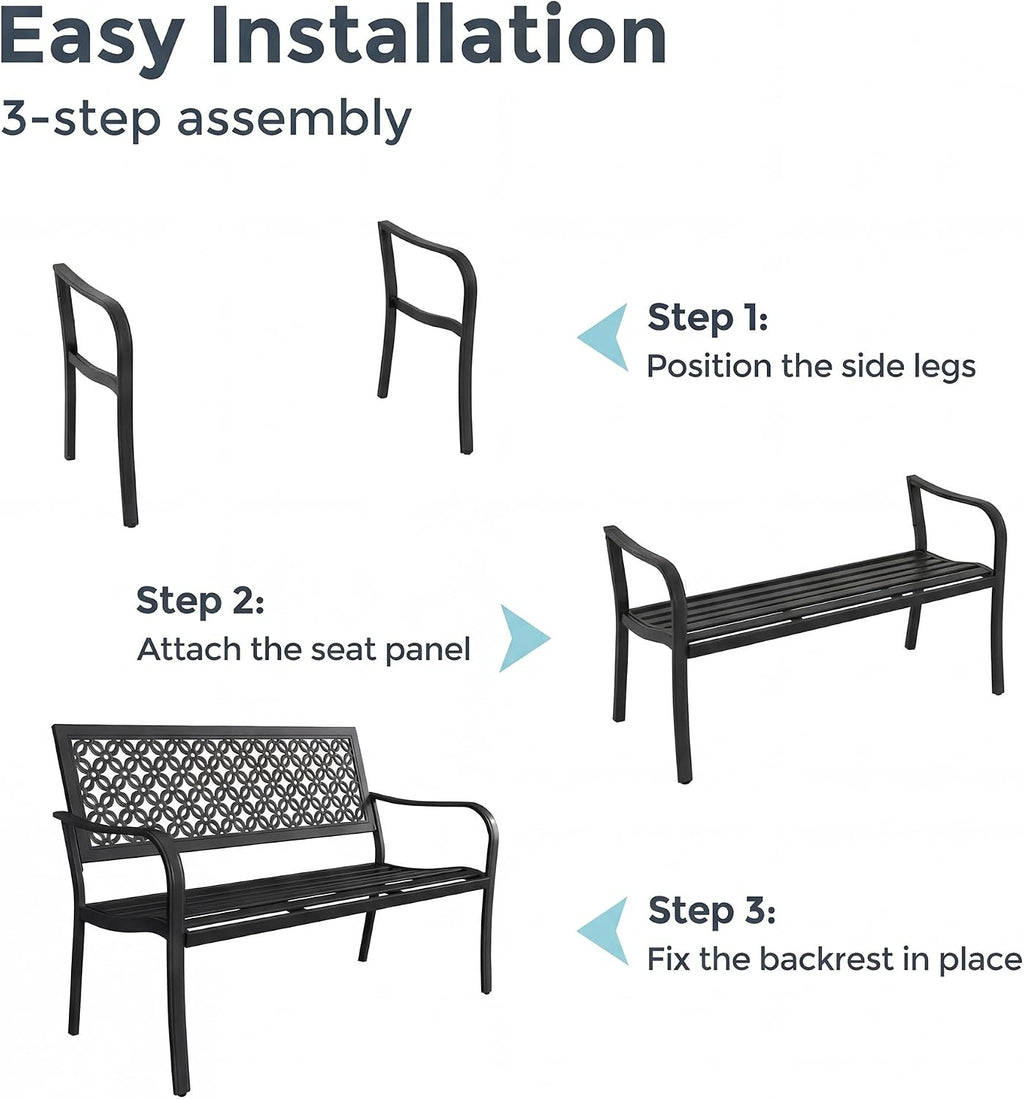 Grand patio 50' Outdoor Bench, Garden Benches with Anti-Rust Metal Powder Coated Frame, Patio Bench for Front Porch Park Outside Furniture Decor, Black