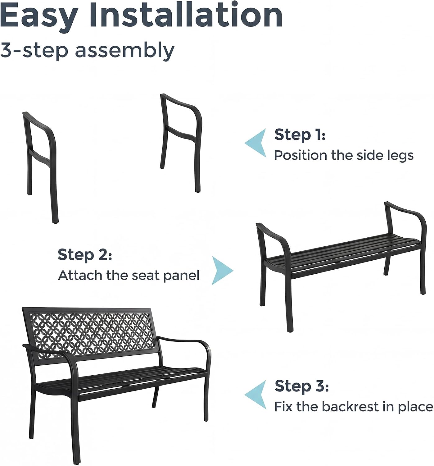 Grand patio 50' Outdoor Bench, Garden Benches with Anti-Rust Metal Powder Coated Frame, Patio Bench for Front Porch Park Outside Furniture Decor, Black