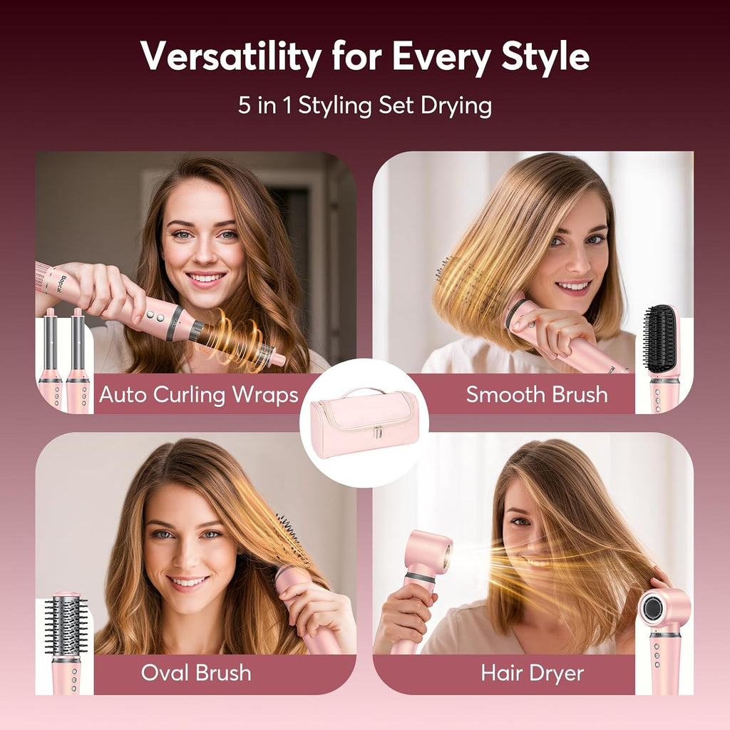 5 in 1 Hot Air Styler Wrap with Travel Bag- Professional High-Speed Hair Dryer Brush with Auto Wrap Curlers, 300 Million ions Frizz-Free and Fast Drying for Multiple Style, No Heat Damage, Gift Idea