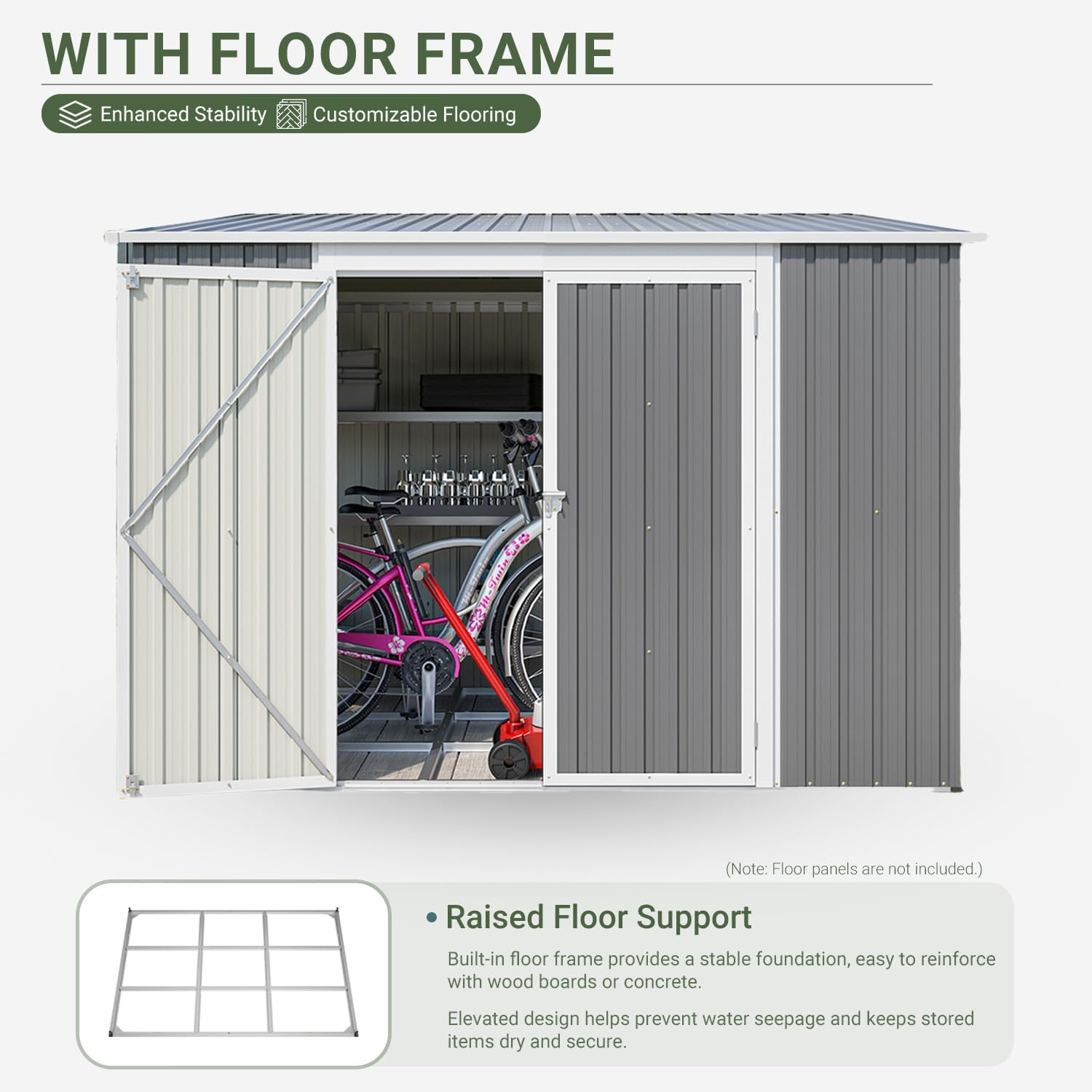 8x6 FT Outdoor Storage Shed with Sloping Roof, Lockable Double Doors & Adjustable Side Door, Weatherproof with Frame Floor, Compact Metal Tool Shed for Garden, Backyard and Patio