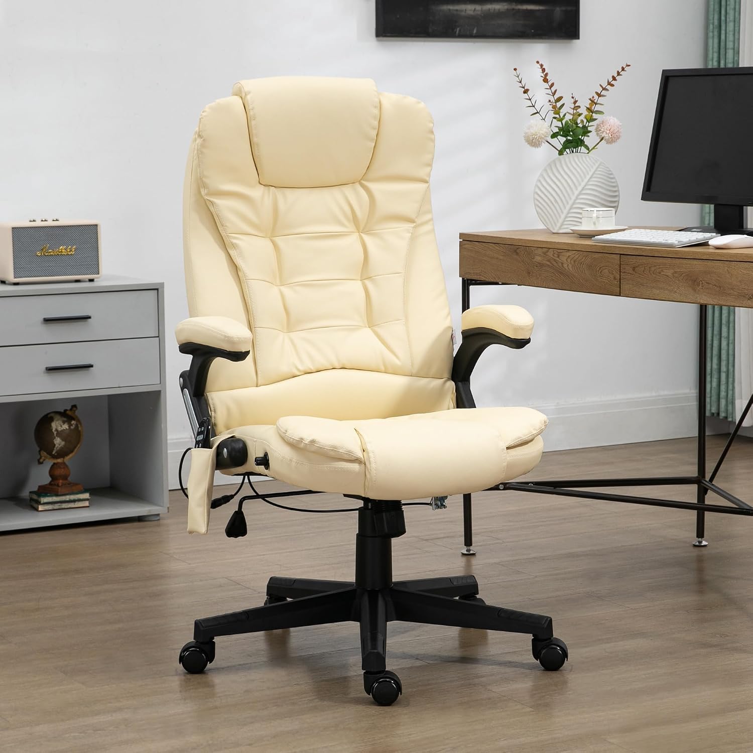 HOMCOM High Back Vibration Massage Office Chair with 6 Vibration Points, Heated Reclining PU Leather Computer Chair with Armrest and Remote, Beige