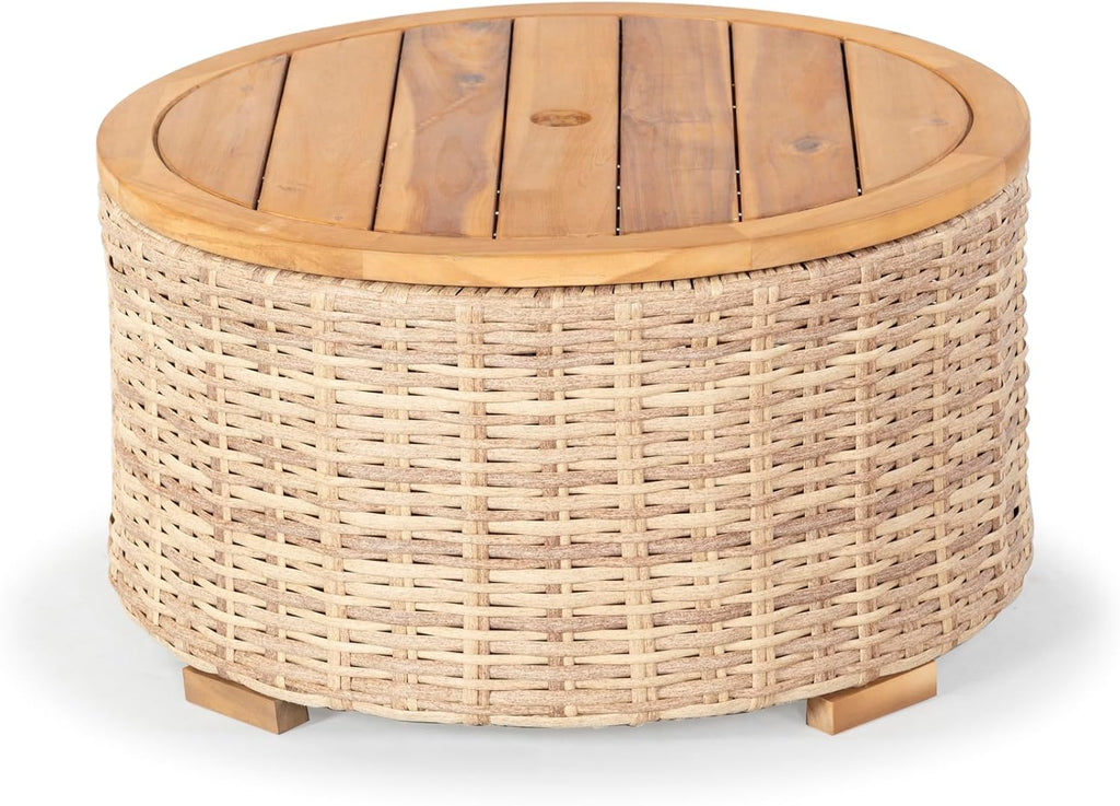 SAFAVIEH Couture Outdoor - Anguilla Round Wicker Coffee Table - Solid Wood and Aluminum - Coastal Woven Design - Ideal for Patio, Deck, Porch, Backyard, 25.6'W x 25.6'D x 13.8'H (CPT2103A)