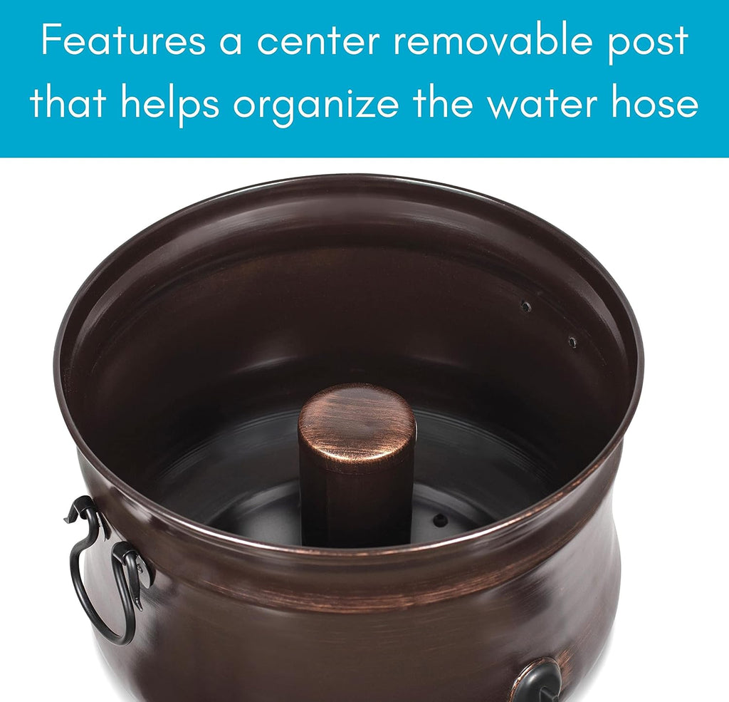 BIRDROCK HOME Water Hose Holder - Decorative Metal Pot, Indoor or Outdoor, Garden Storage Organizer, Patio Portable Bucket - Distressed Bronze, Holds up to 200ft Hoses, Large with Lid