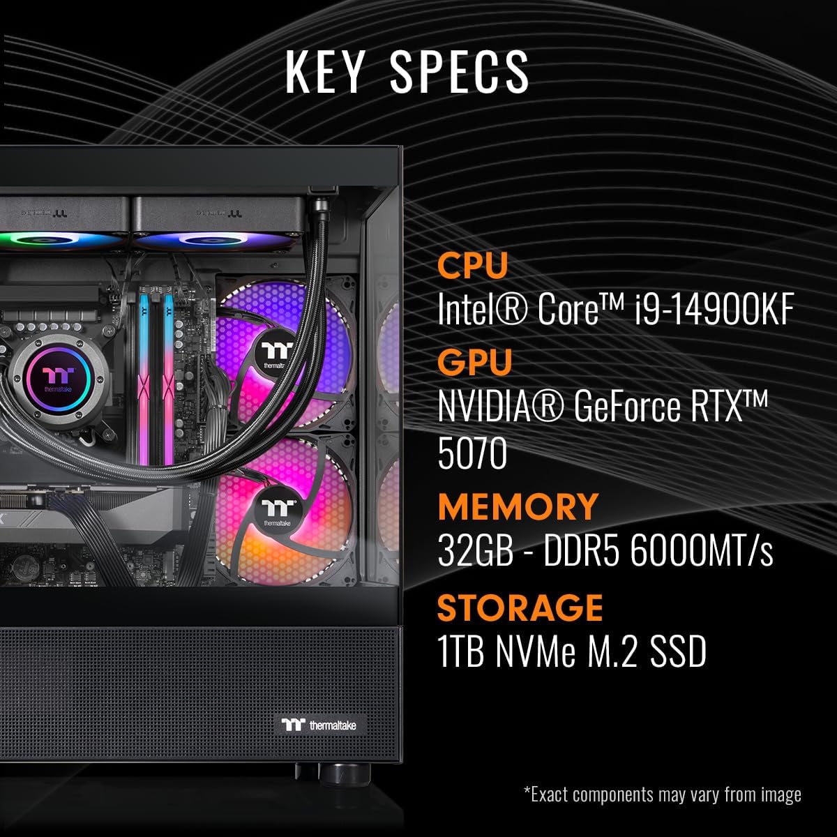 Thermaltake LCGS View i570-170 Gaming Desktop (Intel Core™ i9-14900KF, ToughRam 32GB DDR5 6000MT/s RGB Memory, NVIDIA® GeForce RTX™ 5070, 1TB NVMe M.2, WiFi, Windows 11) V17B-B76B-570-LCS