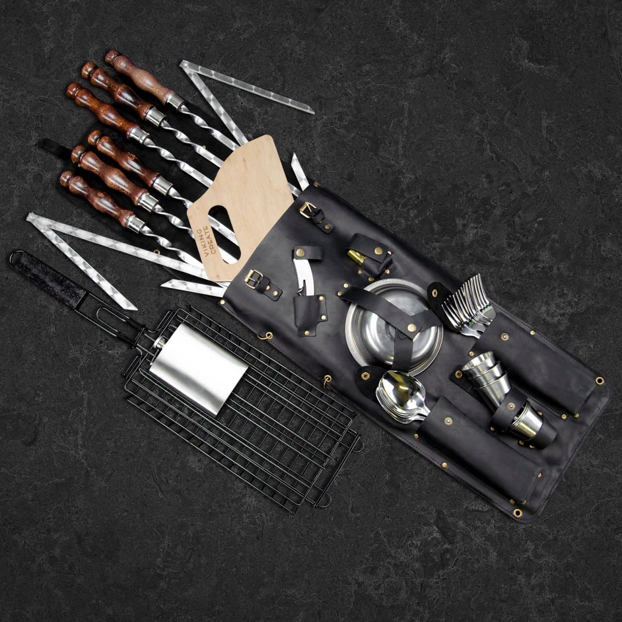 Grilling Supplies for BBQ - Outdoor Skewers Set for BBQ - Premium Barbecue Skewers Tool Sets Grill Utensils - Outdoor Grilling Set - Grill Skewers Set with Leather Case Traveler