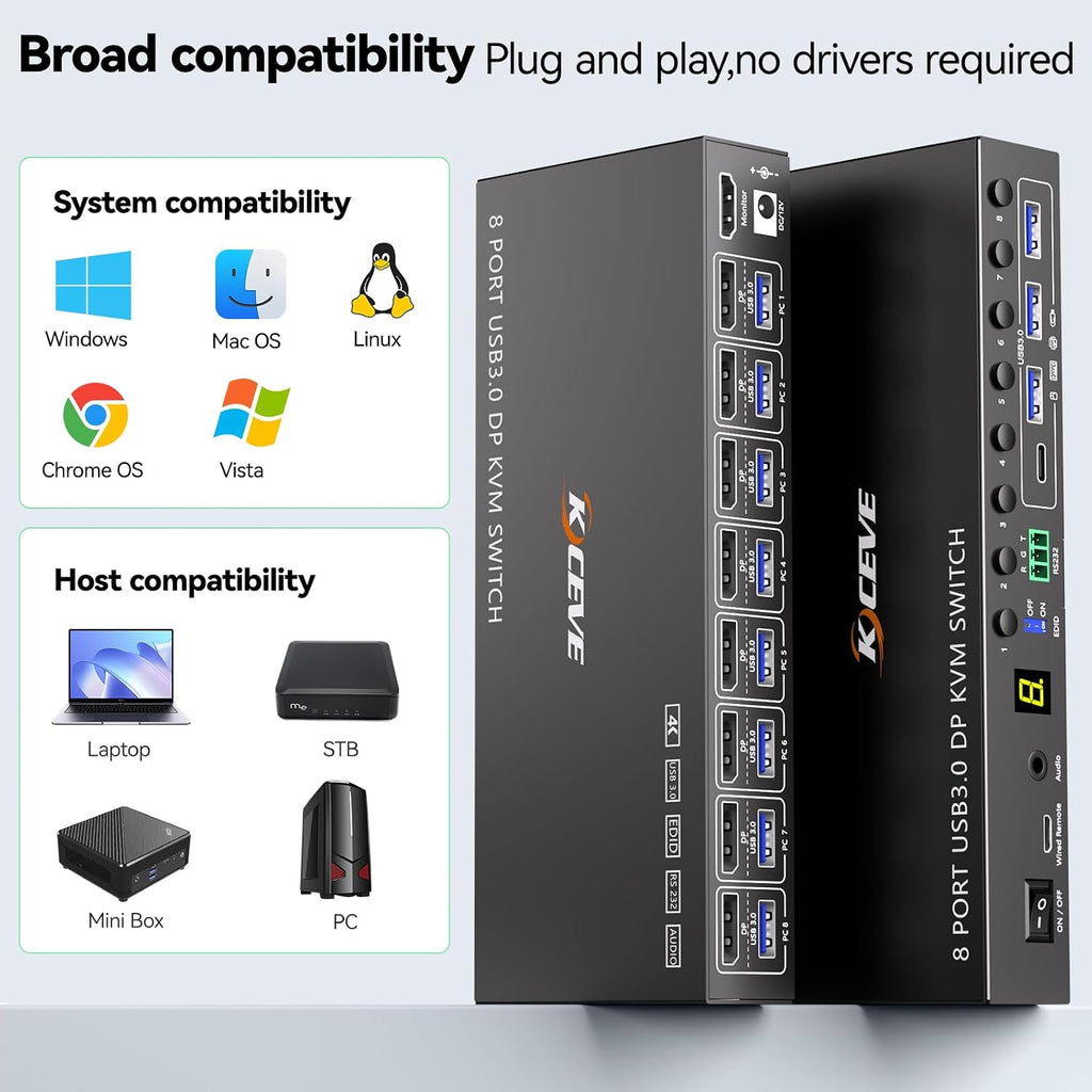 8 Port DisplayPort KVM Switch 4K@60Hz EDID Simulation, USB 3.0 DP KVM Switch for 8 Computers Share 1 Monitor and 4 USB Devices, Audio RS232,Wired Remote, 12V Power Supply & 8 USB Cables Included