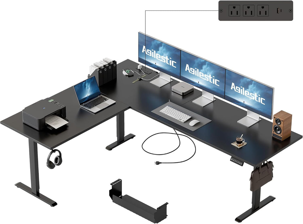 Agilestic Electric L Shaped Standing Desk 75 x 61 Inch with Power Outlet, Height Adjustable Corner Stand up Desk with Cable Management,Sit Stand Home Office Workstation with Splice Board, Black