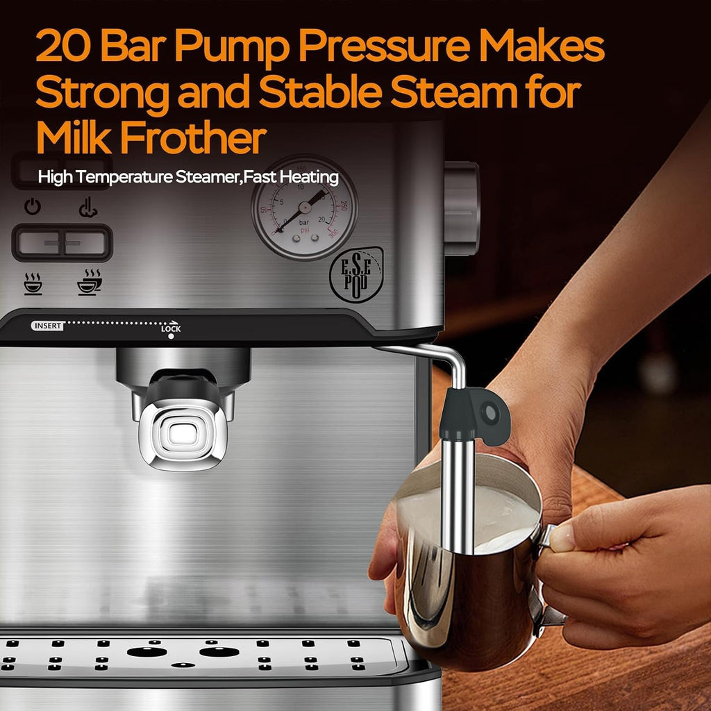 Plum chef 20 Bar Espresso Machine with Milk Frother, Dual Shot Coffee Maker, ESE Pod, Coffee Machine with Pressure Display, 54 OZ Removable Water Tank for Home Barista (Silver)