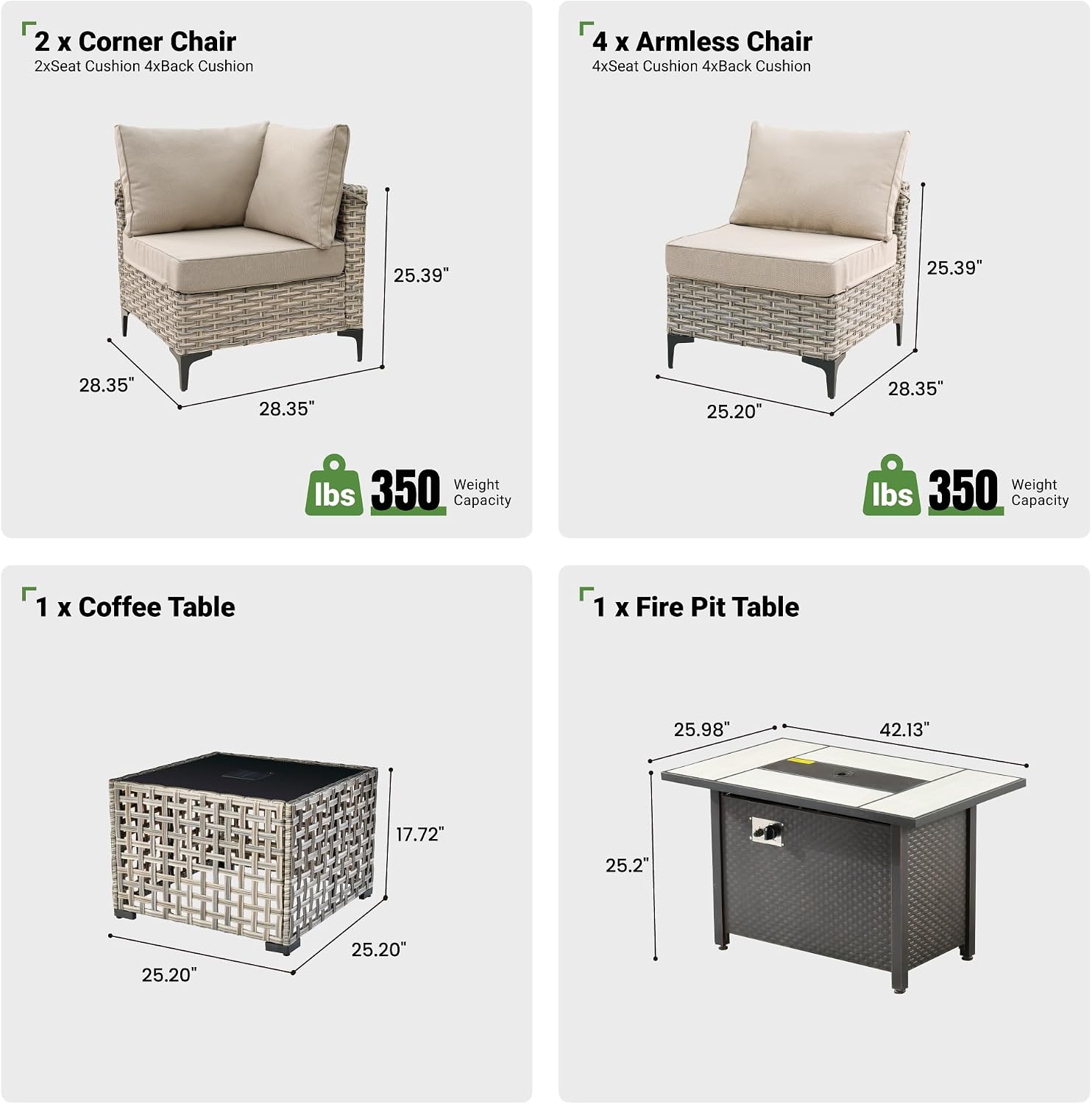 8 Pcs Patio Furniture with Fire Pit Table, Outdoor Rattan Wicker Conversation Set with Glowing Coffee Table, Comfy Sectional Sofa for Porch Balcony Backyard Pool, Beige