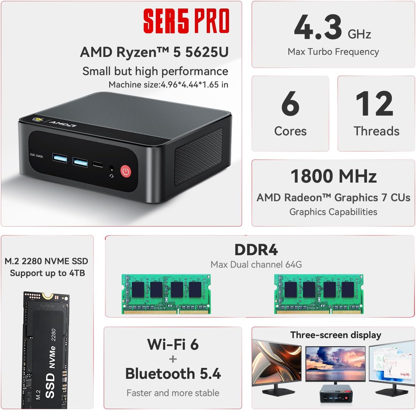Beelink SER5 Mini PC,AMD Ryzen 5 5625U(up to 4.3GHz,6C/12T),Mini Computer with 16GB DDR4/480GB M.2 PCle4.0 SSD,Support Triple Screen Display,WiFi6,BT5.4,Type-C,2.5Gbps LAN