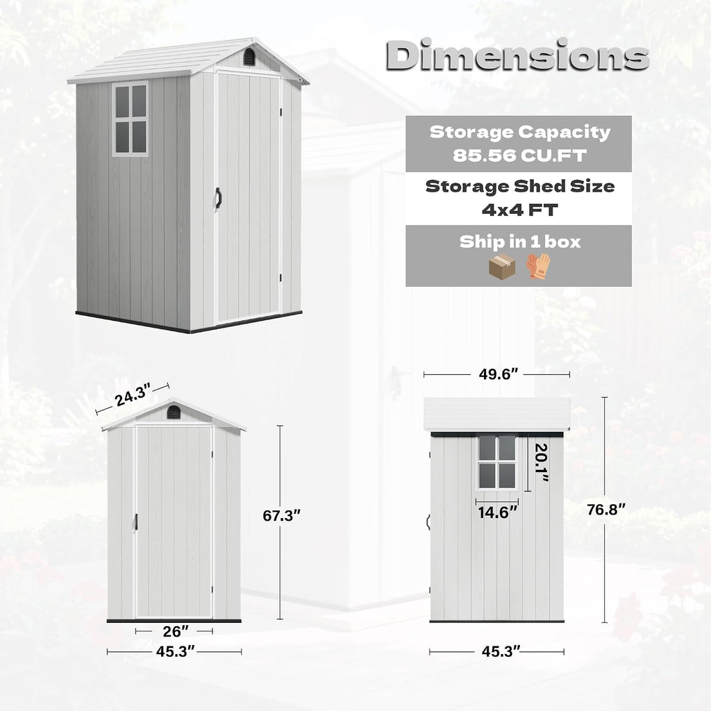 Devoko 4x4 FT Outdoor Shed, Compact & Secure Plastic Resin Storage with Lockable Door, Features Built-in Floor & Window for All-Weather Garden, Patio, and Poolside Organization, Light Gray