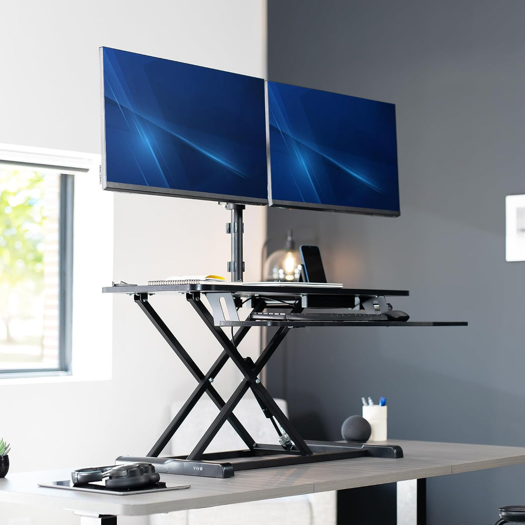 VIVO 36 inch Standing Desk Converter with Dual Monitor Mount for up to 32 inch Screens, Height Adjustable Riser with Mechanical Spring Arms, Black, DESK-KIT-036K2K