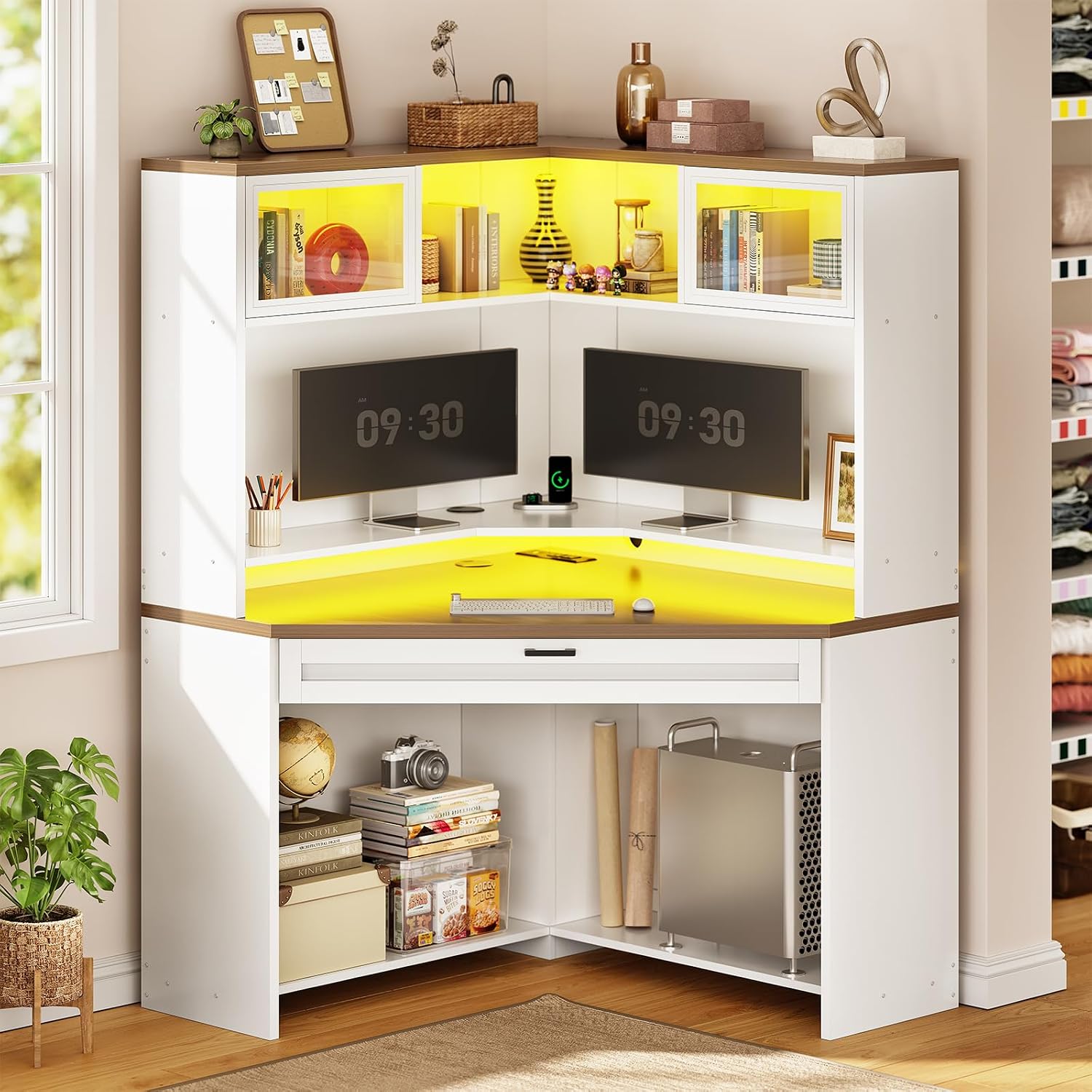 SEDETA 31.5' Corner Desk with Drawers, Small Office Computer Desk with Storage Shelves & Hutch for Small Space, Gaming Desk with LED Lights & Power Strip for Home Office, White + Brown