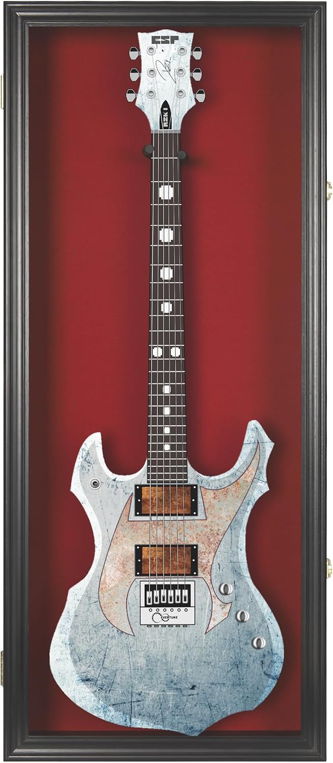 DisplayGifts 42' Electric Guitar Display Case Cabinet Shadow Box with Guitar Hanger Stand, Lockable UV Protection Red Felt Interior with Black Finish Frame
