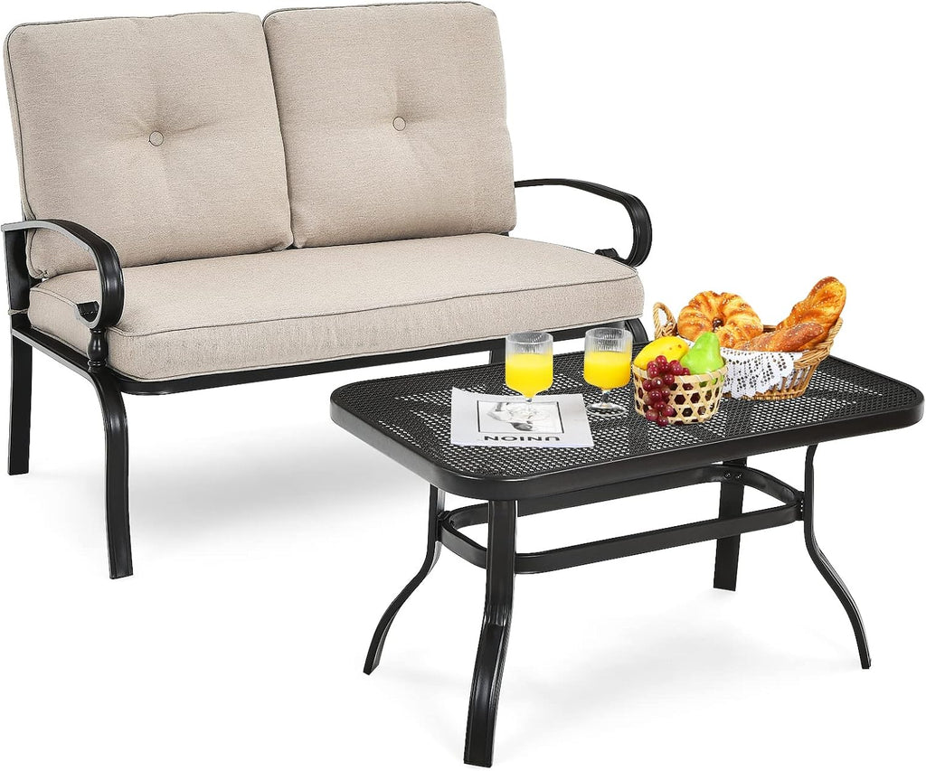 Giantex Patio Loveseat with Coffee Table Outdoor Bench with Cushion and Metal Frame, Loveseat Porch Furniture Set Sofa for Garden, Yard, Patio or Poolside (Light Beige & Black)