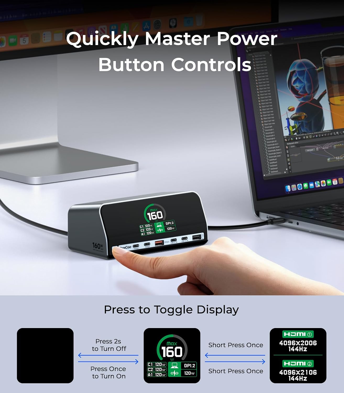 RayCue USB C Docking Station, 13-Port Dual 4K Display Laptop Docking Station with 160w Max USB-C Output, 2.26''LCD Smart Display, 10Gbps USB A/C Ports,Ethernet Ports for macOS and Windows