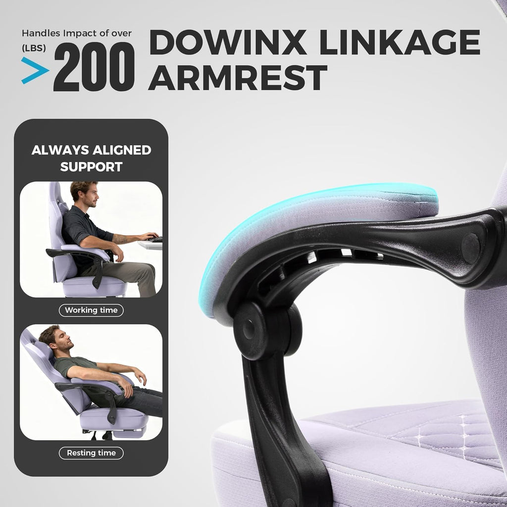 Dowinx Gaming Chair Breathable Fabric Game Chair with Gel Pad and Storage Bag, Comfortable Gamer Chair with Pocket Spring Cushion, Ergonomic Computer Chair with Footrest, Purple