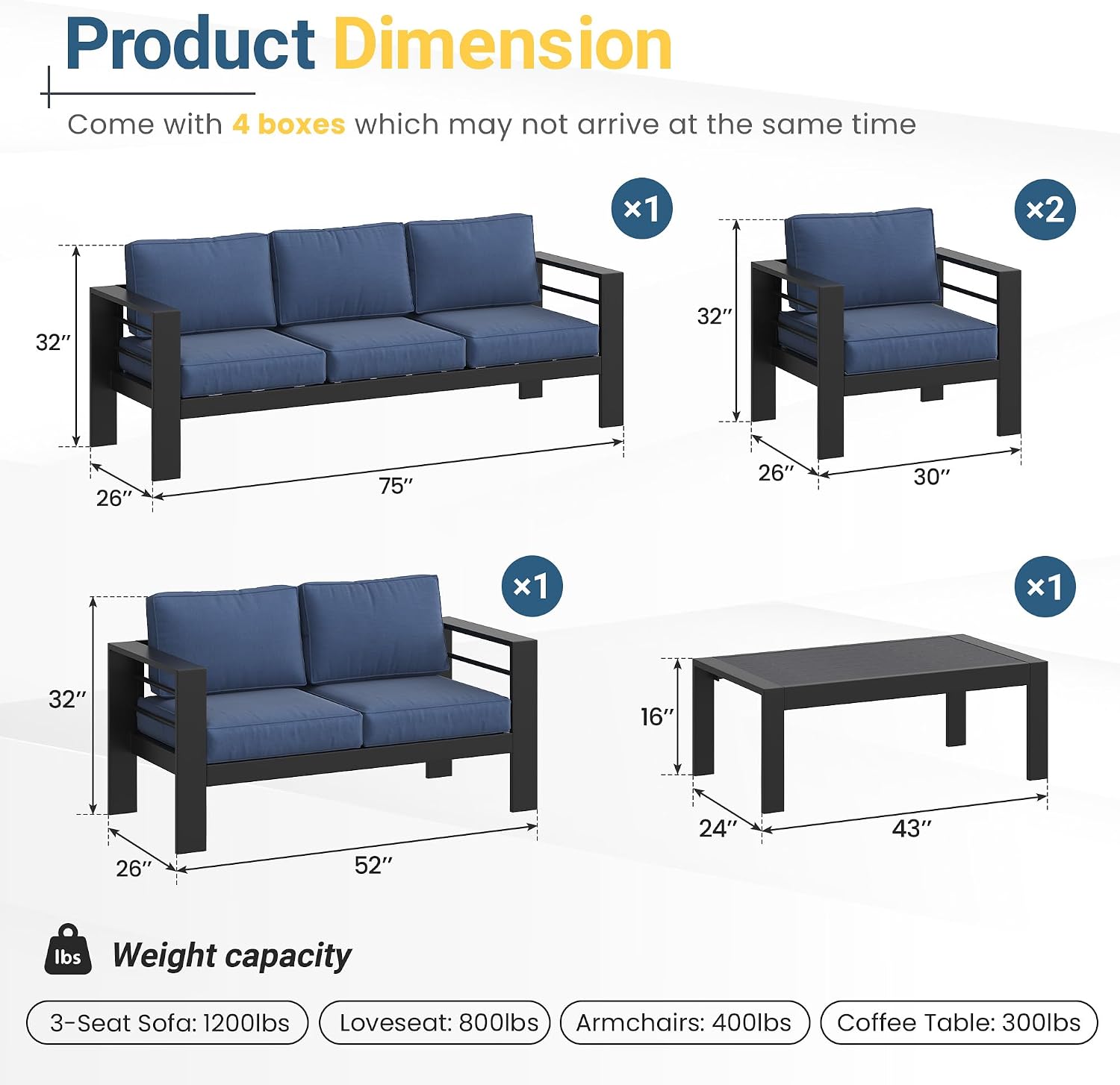 Solaste Aluminum Patio Furniture Set for All Weather, Modern Metal Outdoor Furniture Set with 27.5' Deep Seating and 3.2' Wide Armrest, Outdoor Patio Conversation Set with 10' Back Cushion, Blue
