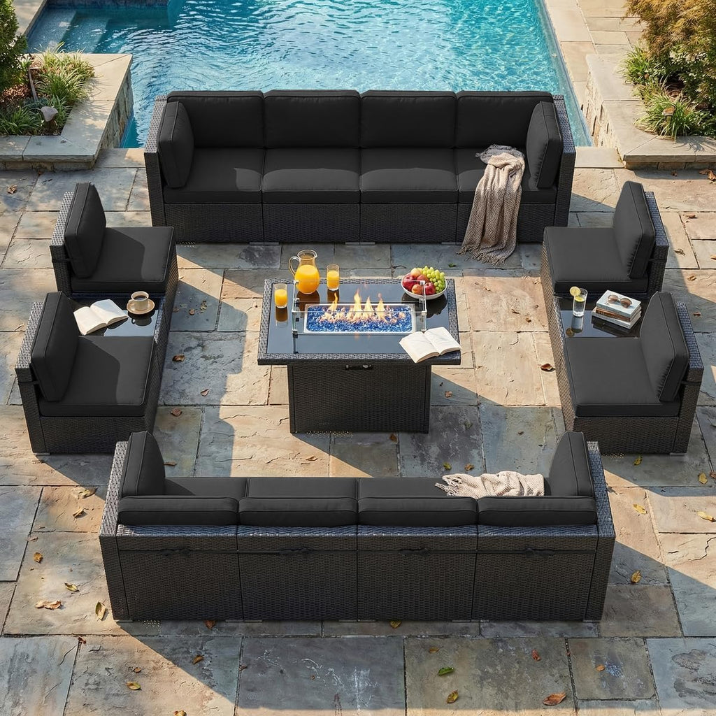 LayinSun 15 Piece Patio Furniture Set with Fire Pit Table, Outdoor Conversation Sets Wicker Rattan Sectional Sofa with Coffee Table