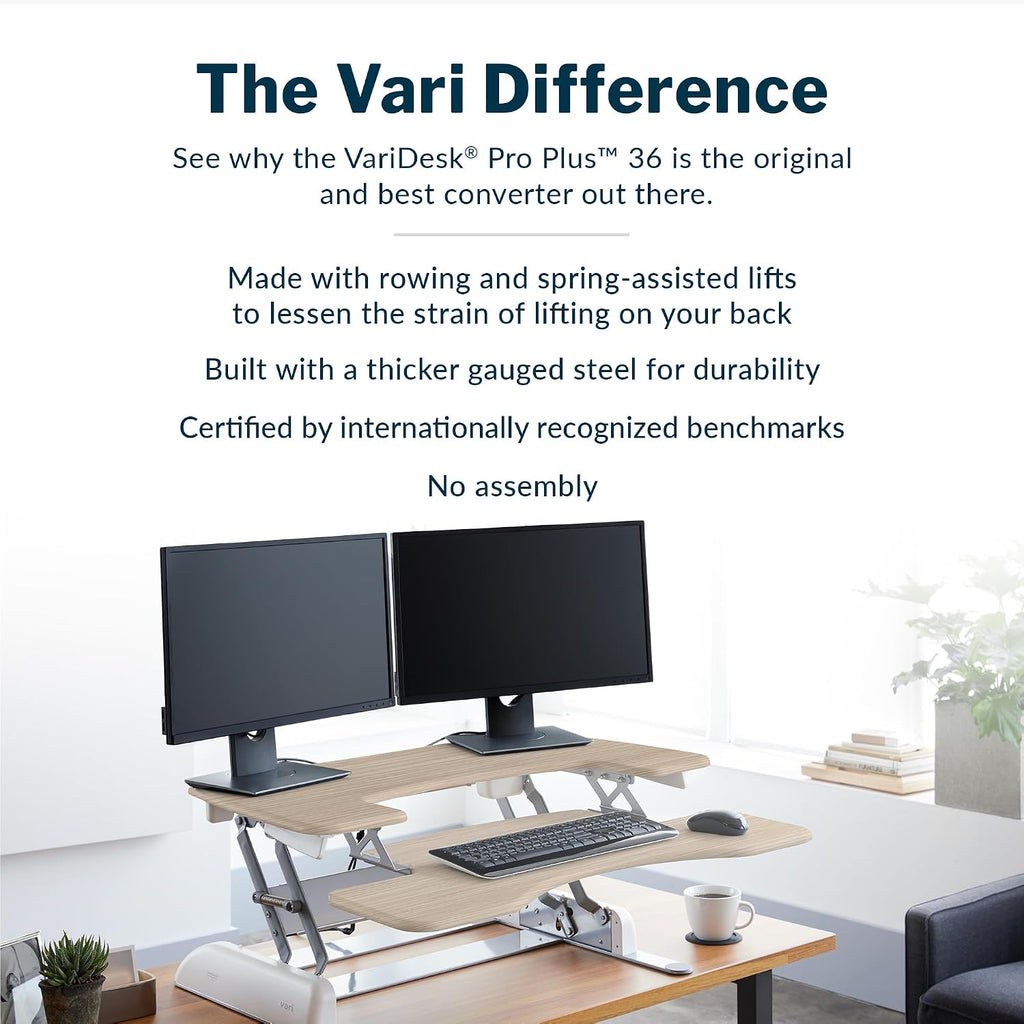 Vari VariDesk Pro Plus 36 Standing Desk Converter – 11 Height Settings + Spring Lift, 2 Tier Design, Keyboard Tray, Fits Desktops 36' Wide x 26.5' Deep – Delivers Fully Assembled (Light Wood)