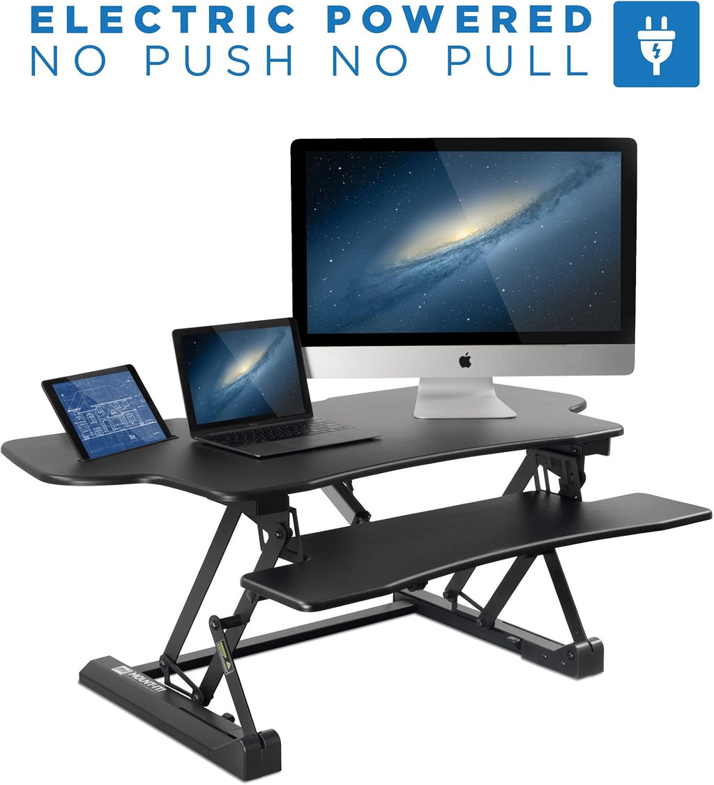 Mount-It! 48.5' Electric Standing Desk Converter for Dual Monitors, Motorized Sit Stand Electric Desk Riser with USB Port & Device Slot, Keyboard Tray, Adjustable Height Ergonomic Workstation, Black
