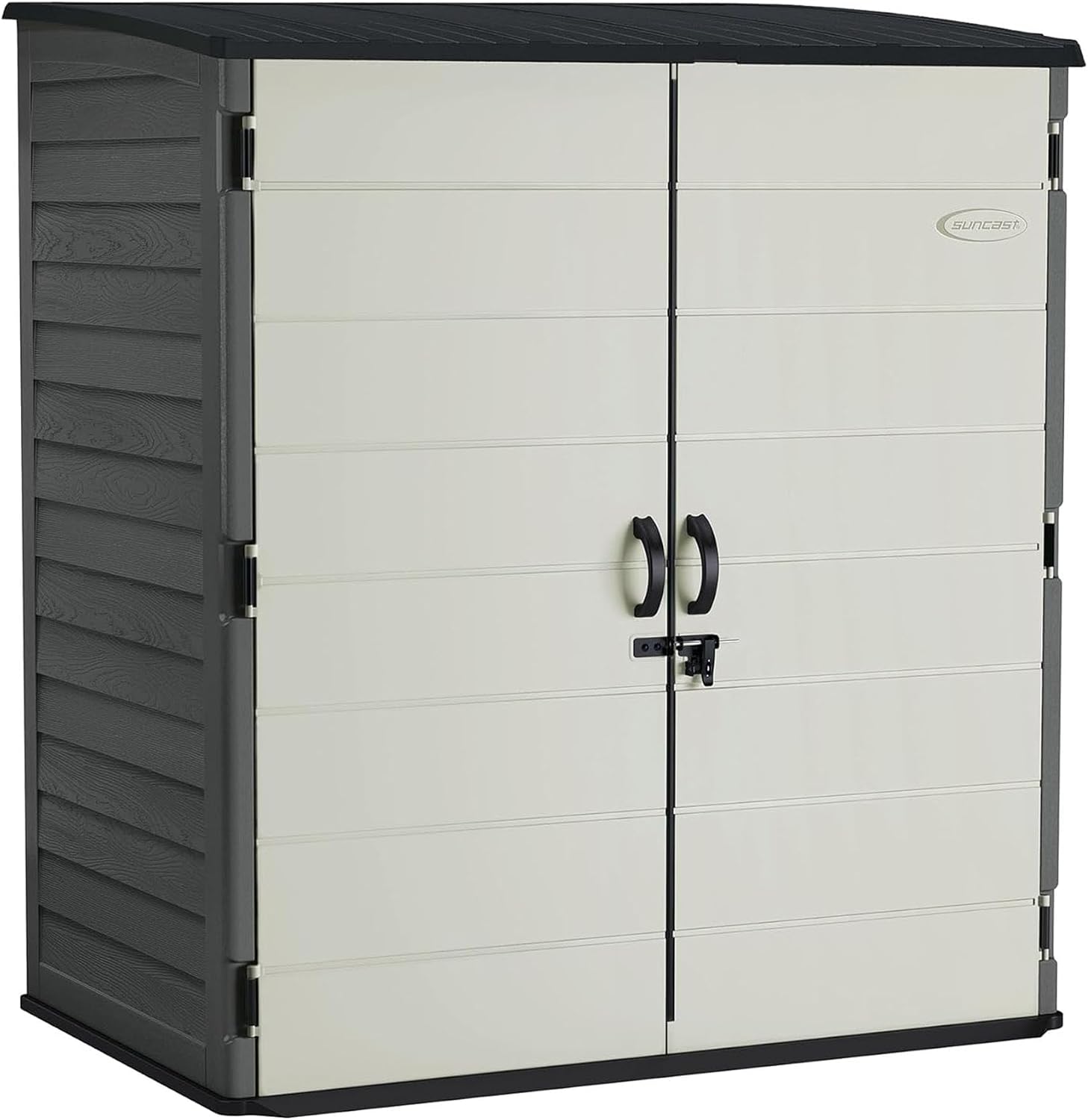 Suncast 106 Cu Ft Extra Large Vertical Outdoor Storage Shed - Resin Shed & Outdoor Storage with Floor and Lockable Double Doors, Weatherproof for Garden Tools, Pool Equipment, & Patio Cushions