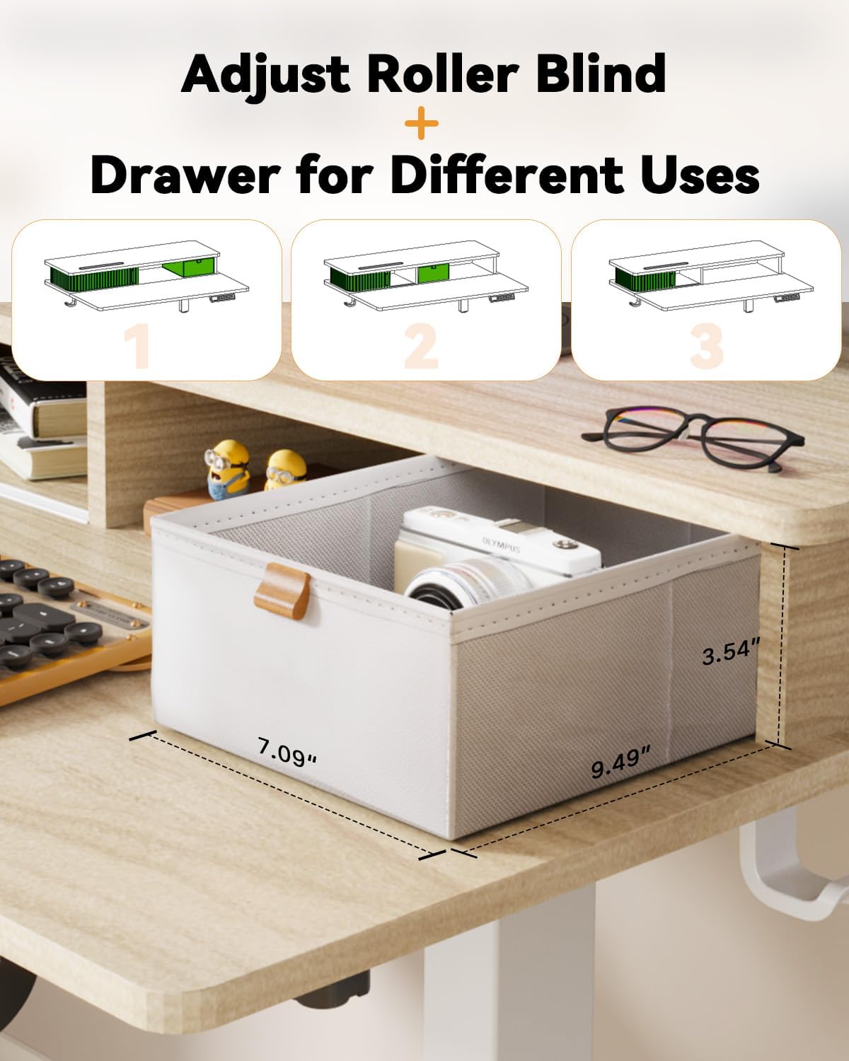 JOY worker Small Electric Standing Desk, 35' x 25' Height Adjustable Desk with Built-in Monitor Stand & Storage Drawer, White Sit Stand Desk with 2 Hooks for Home Office, Light Walnut