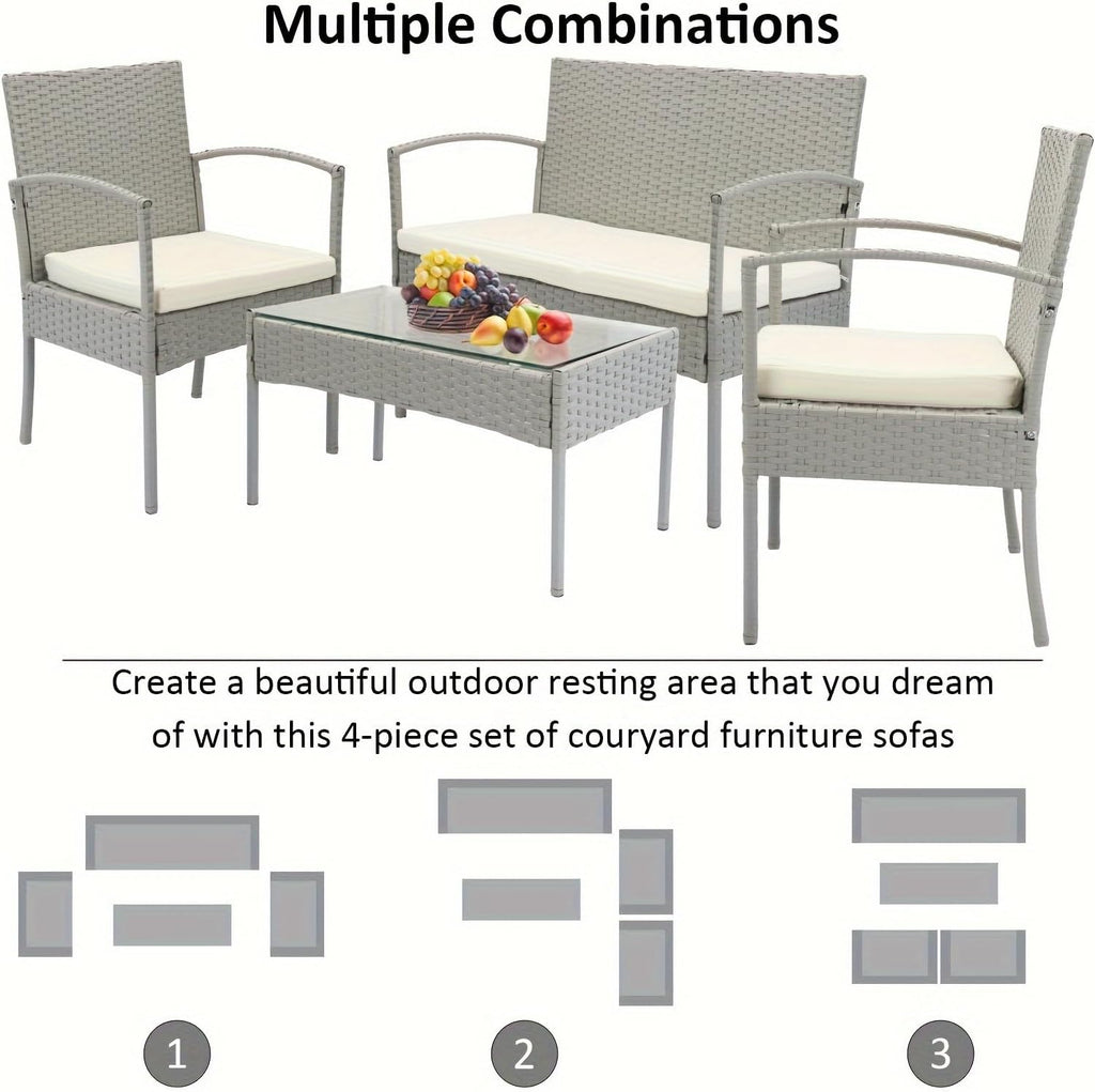 4-Piece Rattan Wicker Patio Furniture Set, Outdoor Conversation Set with Coffee Table, All-Weather Wicker Chair for Porch, Balcony, Garden, Backyard, Modern Outdoor Seating Set (Grey)