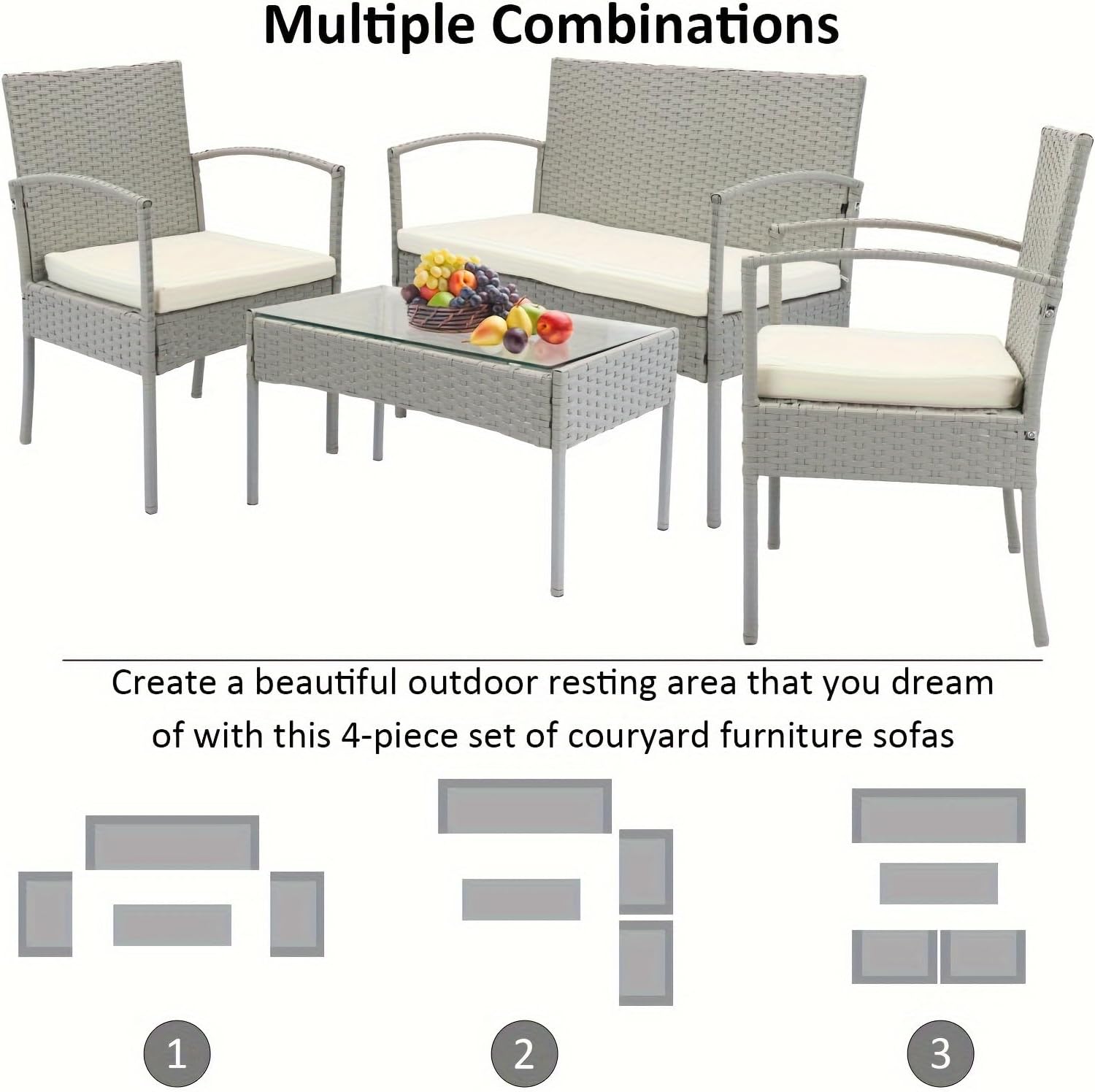 4-Piece Rattan Wicker Patio Furniture Set, Outdoor Conversation Set with Coffee Table, All-Weather Wicker Chair for Porch, Balcony, Garden, Backyard, Modern Outdoor Seating Set (Grey)