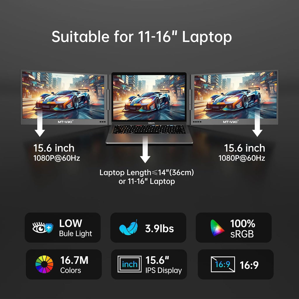 MT-VIKI 15.6 inch Laptop Screen Extender, Potable Monitor for Laptop Only One USB-C Cable Connection, Compatiable with Win/Mac (M1~M5), FHD 1080P, 360° Rotation【Included Carrying Bag】