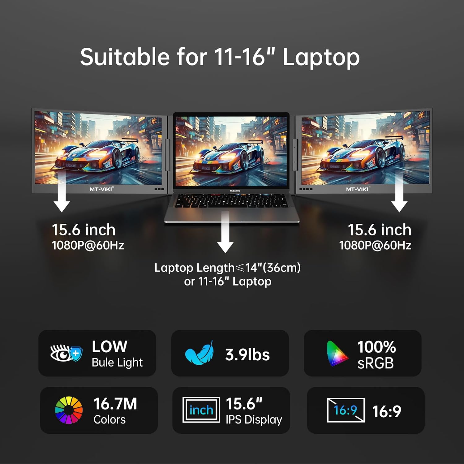 MT-VIKI 15.6 inch Laptop Screen Extender, Potable Monitor for Laptop Only One USB-C Cable Connection, Compatiable with Win/Mac (M1~M5), FHD 1080P, 360° Rotation【Included Carrying Bag】